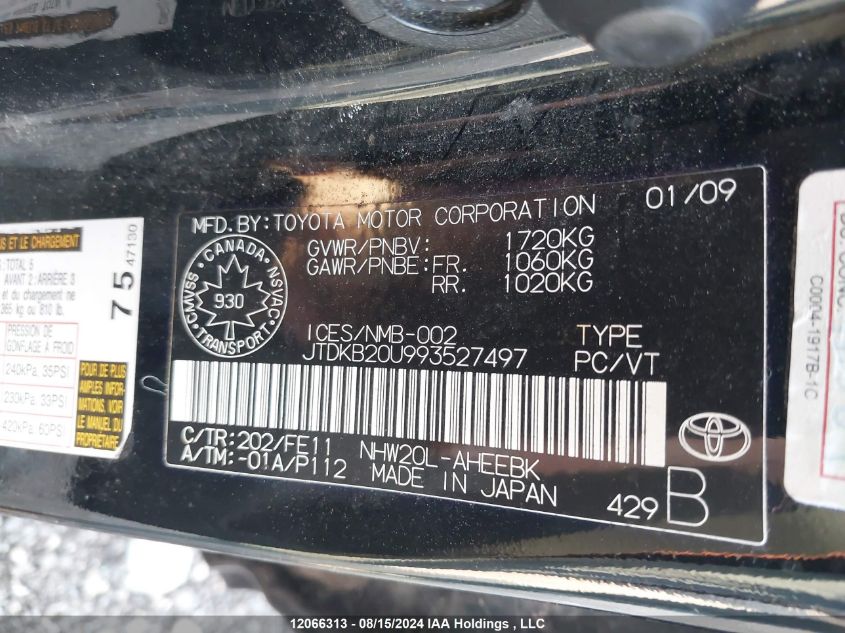 2009 Toyota Prius VIN: JTDKB20U993527497 Lot: 12066313