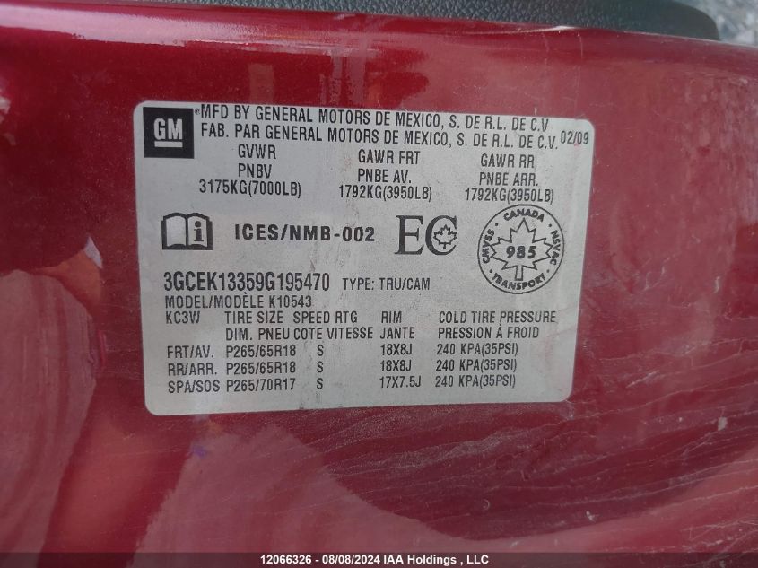 2009 Chevrolet Silverado 1500 VIN: 3GCEK13359G195470 Lot: 12066326