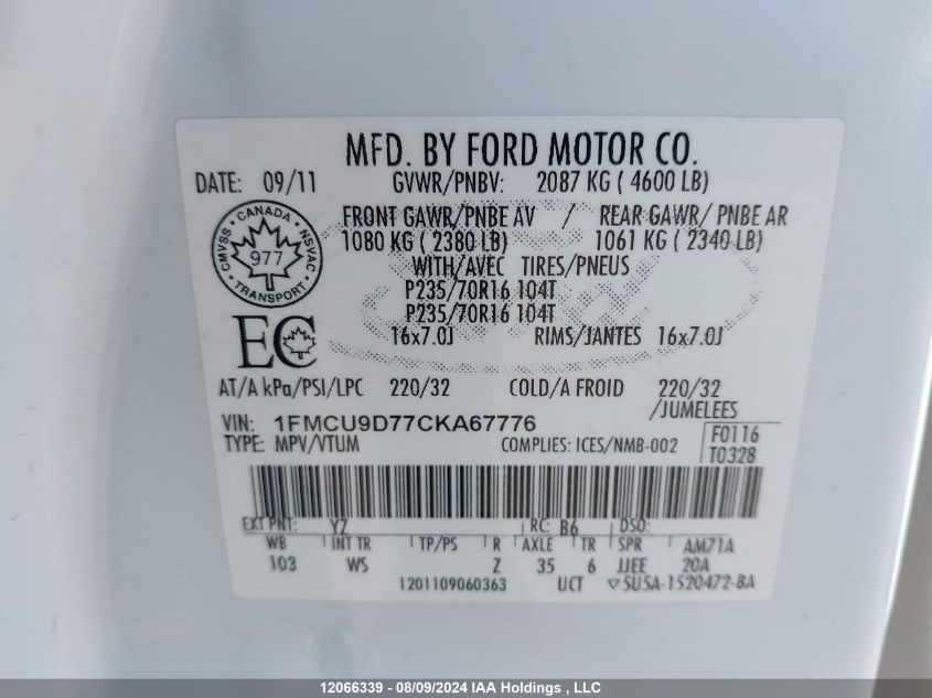 2012 Ford Escape Xlt VIN: 1FMCU9D77CKA67776 Lot: 12066339