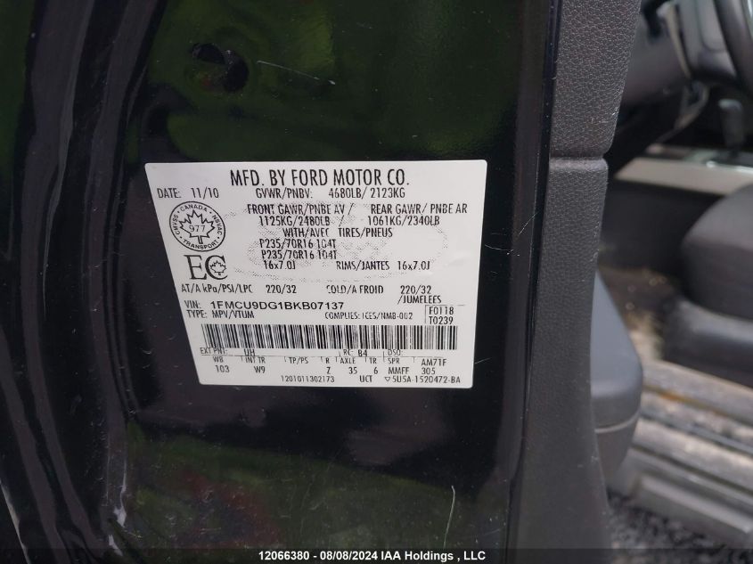 2011 Ford Escape VIN: 1FMCU9DG1BKB07137 Lot: 12066380