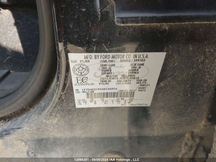 2004 Ford Super Duty F-250 VIN: 1FTNW21P24EC04934 Lot: 12066381