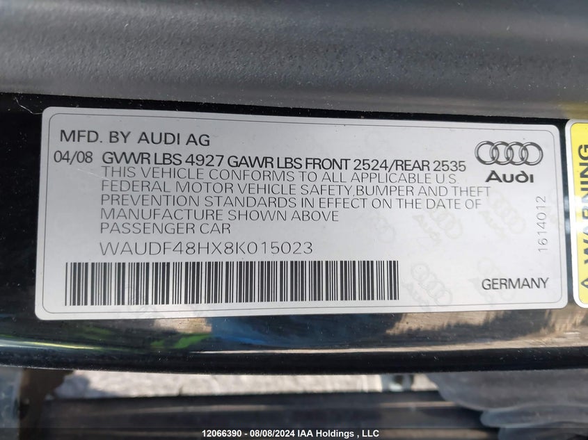 2008 Audi A4 2.0T Cabriolet Quattro VIN: WAUDF48HX8K015023 Lot: 12066390