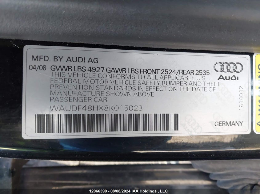 2008 Audi A4 2.0T Cabriolet Quattro VIN: WAUDF48HX8K015023 Lot: 12066390