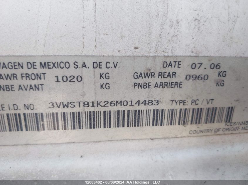 2006 Volkswagen Jetta Tdi Option Package 1 VIN: 3VWST81K26M014483 Lot: 12066402