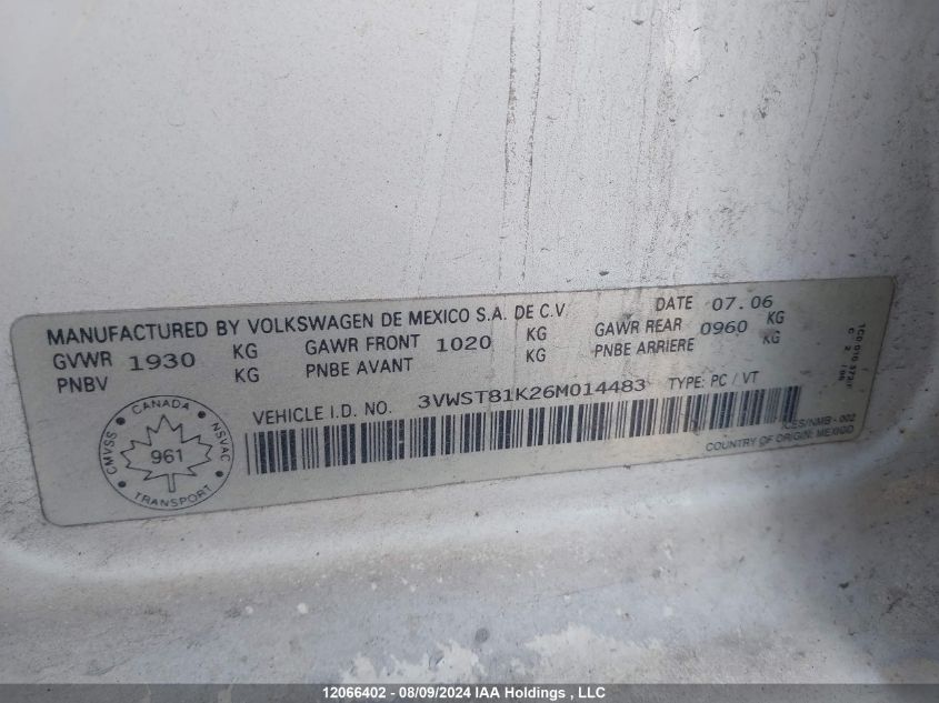 2006 Volkswagen Jetta Tdi Option Package 1 VIN: 3VWST81K26M014483 Lot: 12066402