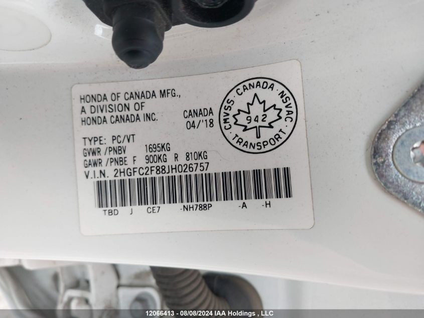2018 Honda Civic Ex VIN: 2HGFC2F88JH026757 Lot: 12066413