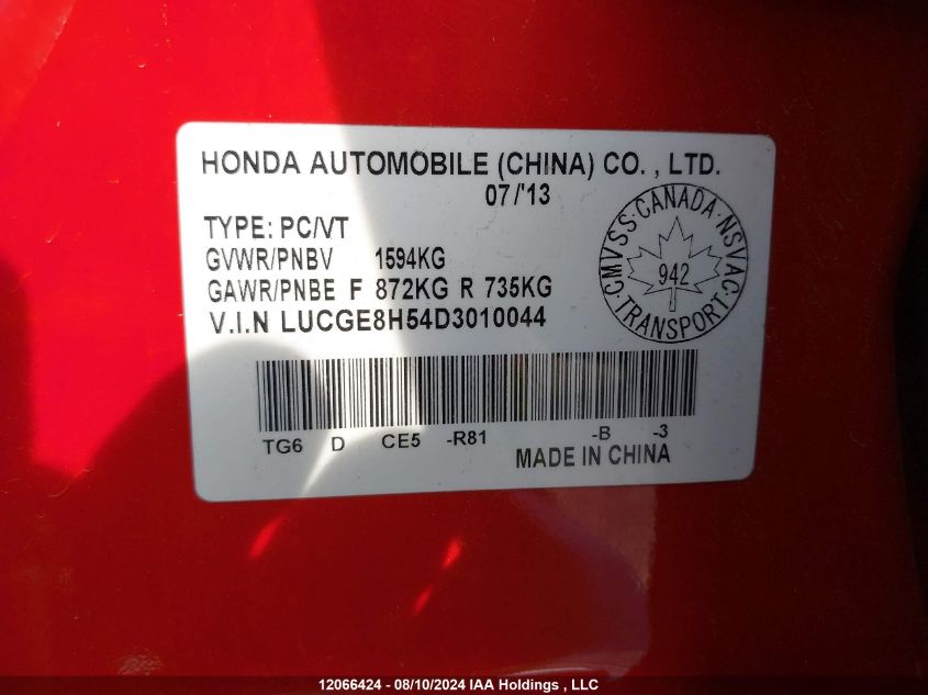 2013 Honda Fit VIN: LUCGE8H54D3010044 Lot: 12066424