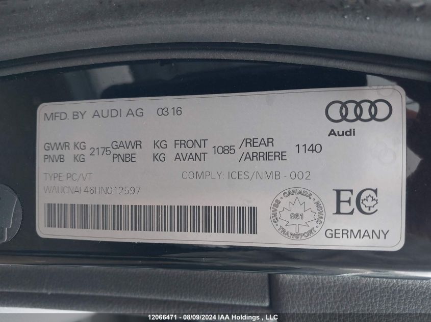 2017 Audi A4 VIN: WAUCNAF46HN012597 Lot: 12066471