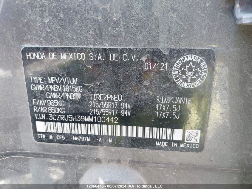 2021 Honda Hr-V Lx VIN: 3CZRU5H39MM100442 Lot: 12066476