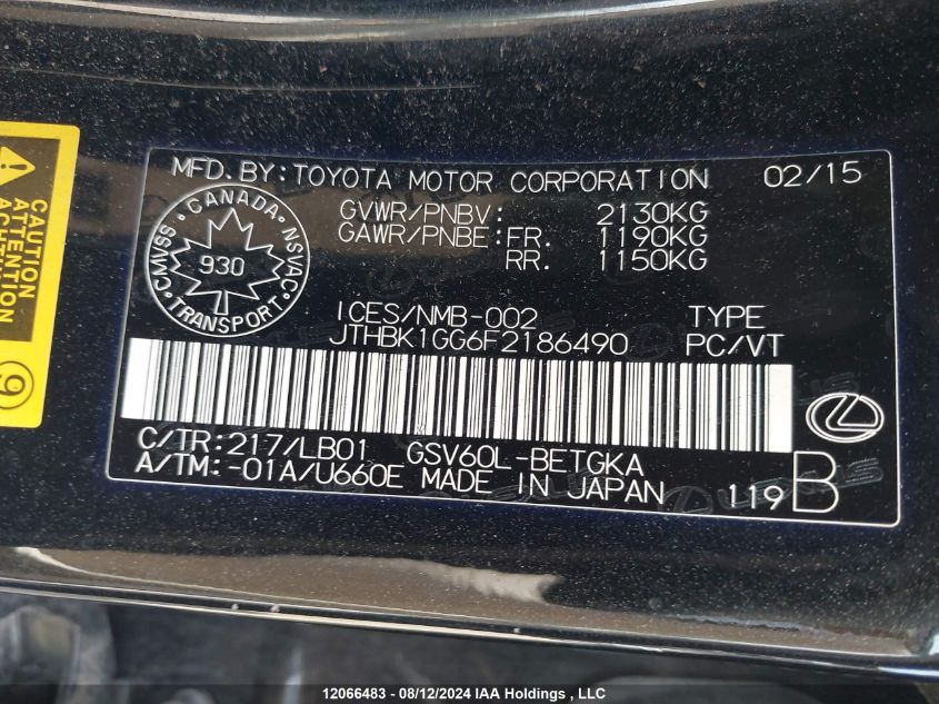 2015 Lexus Es 350 350 VIN: JTHBK1GG6F2186490 Lot: 12066483