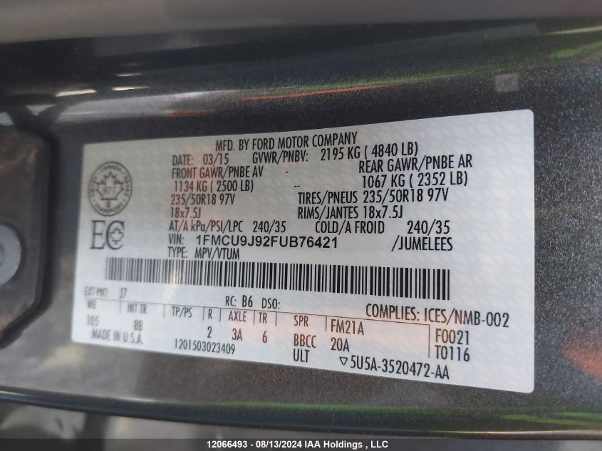 2015 Ford Escape Titanium VIN: 1FMCU9J92FUB76421 Lot: 12066493