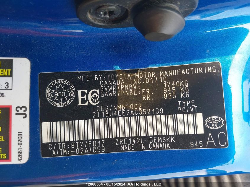 2010 Toyota Corolla VIN: 2T1BU4EE2AC352139 Lot: 12066534