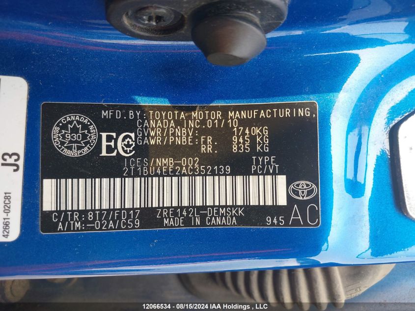 2010 Toyota Corolla VIN: 2T1BU4EE2AC352139 Lot: 12066534