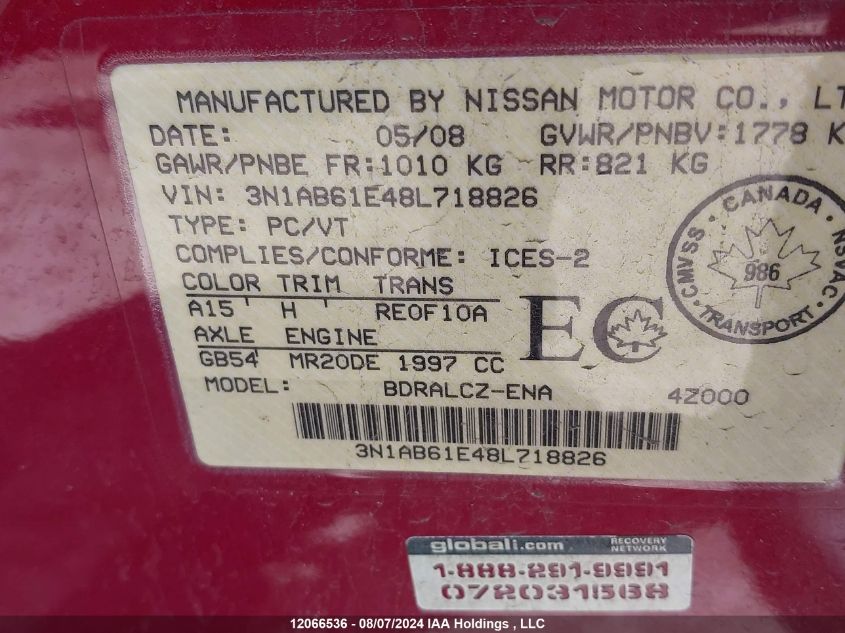 3N1AB61E48L718826 2008 Nissan Sentra 2.0/2.0S/2.0Sl