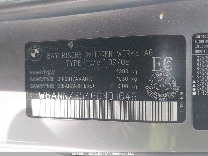 2006 BMW 5 Series VIN: WBANN73546CN01646 Lot: 12066584