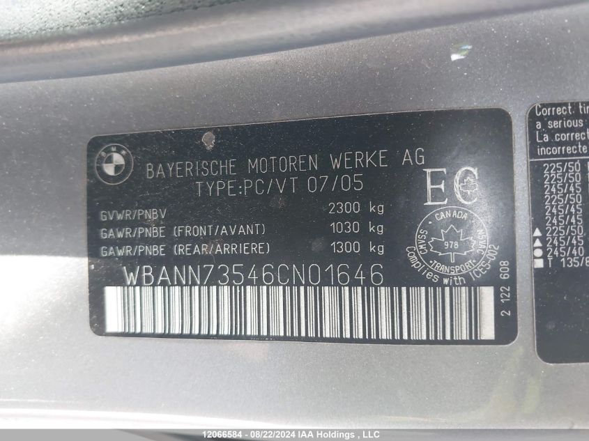 2006 BMW 5 Series VIN: WBANN73546CN01646 Lot: 12066584