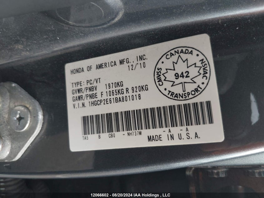 2011 Honda Accord Sedan VIN: 1HGCP2E61BA801018 Lot: 12066602