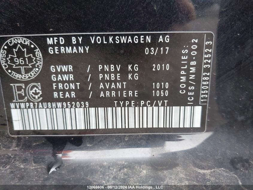 2017 Volkswagen E-Golf VIN: WVWPR7AU8HW952039 Lot: 12066606