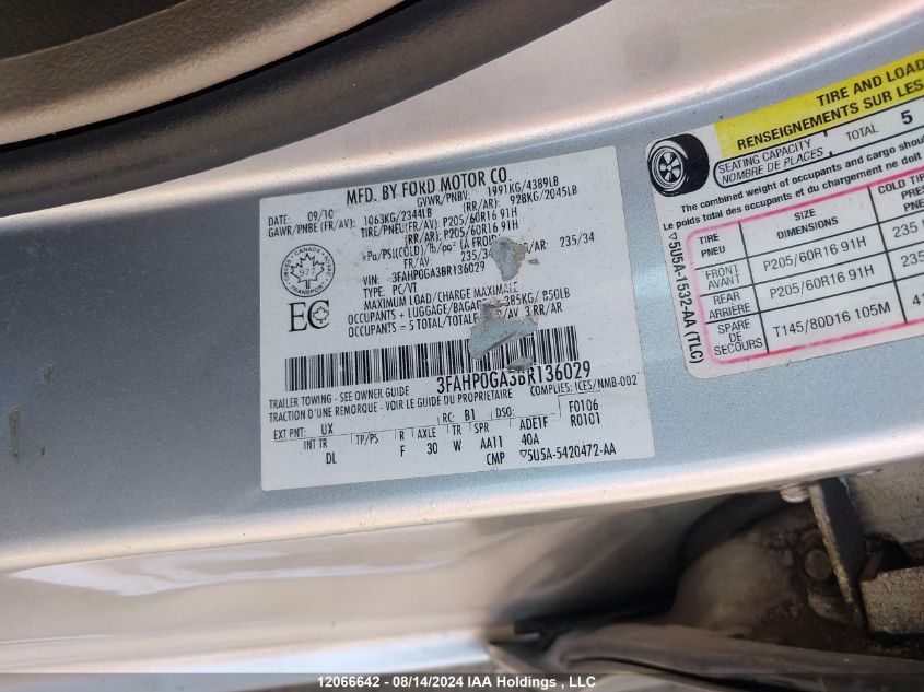 2011 Ford Fusion S VIN: 3FAHP0GA3BR136029 Lot: 12066642