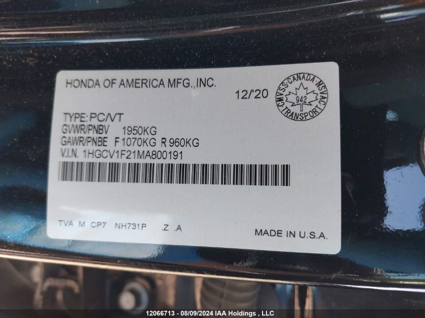 2021 Honda Accord VIN: 1HGCV1F21MA800191 Lot: 12066713