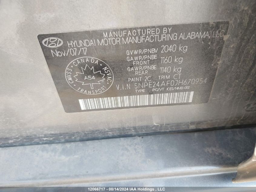 2018 Hyundai Sonata Gl VIN: 5NPE24AF0JH670954 Lot: 12066717