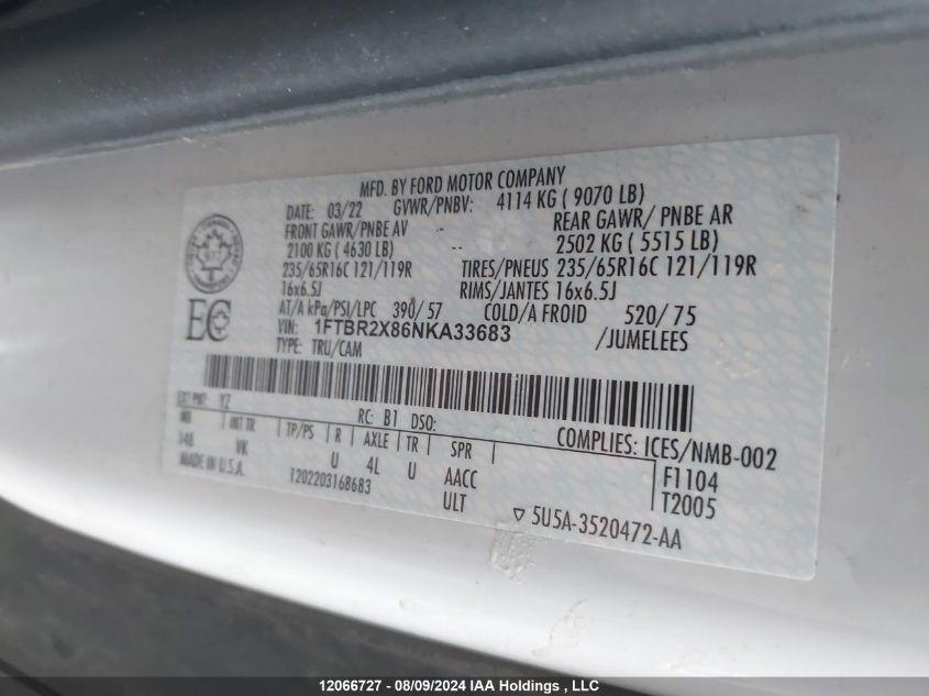 2022 Ford Transit T-250 VIN: 1FTBR2X86NKA33683 Lot: 12066727