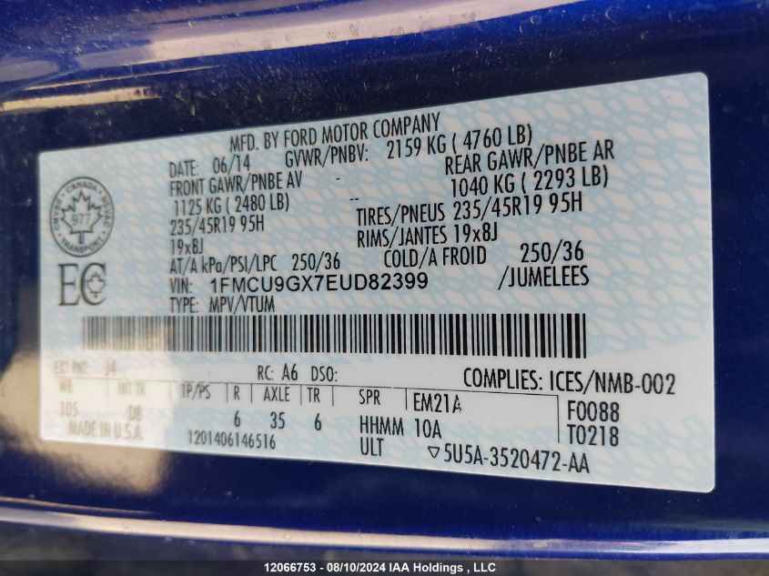 2014 Ford Escape Se VIN: 1FMCU9GX7EUD82399 Lot: 12066753