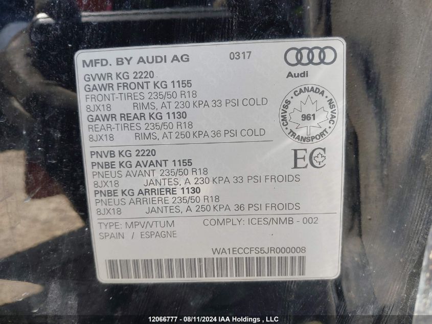 2018 Audi Q3 Premium VIN: WA1ECCFS5JR000008 Lot: 12066777