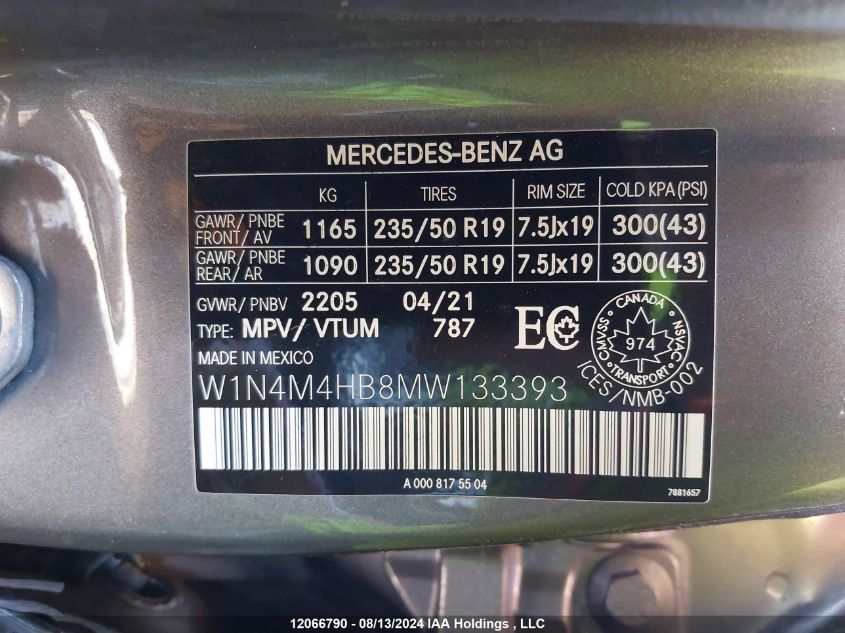 2021 Mercedes-Benz Glb VIN: W1N4M4HB8MW133393 Lot: 12066790