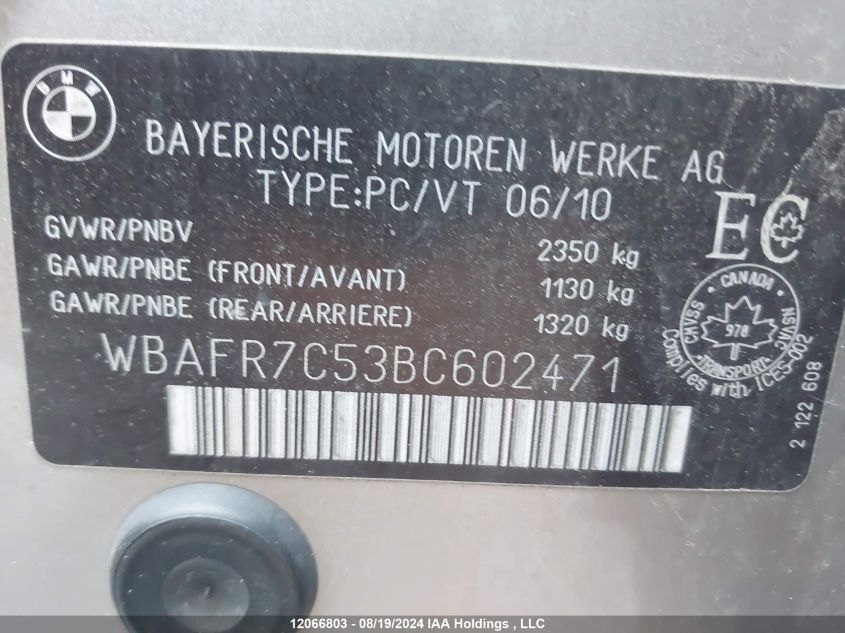 2011 BMW 5 Series VIN: WBAFR7C53BC602471 Lot: 12066803