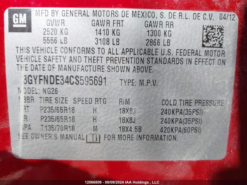 2012 Cadillac Srx Luxury Collection VIN: 3GYFNDE34CS595691 Lot: 12066809