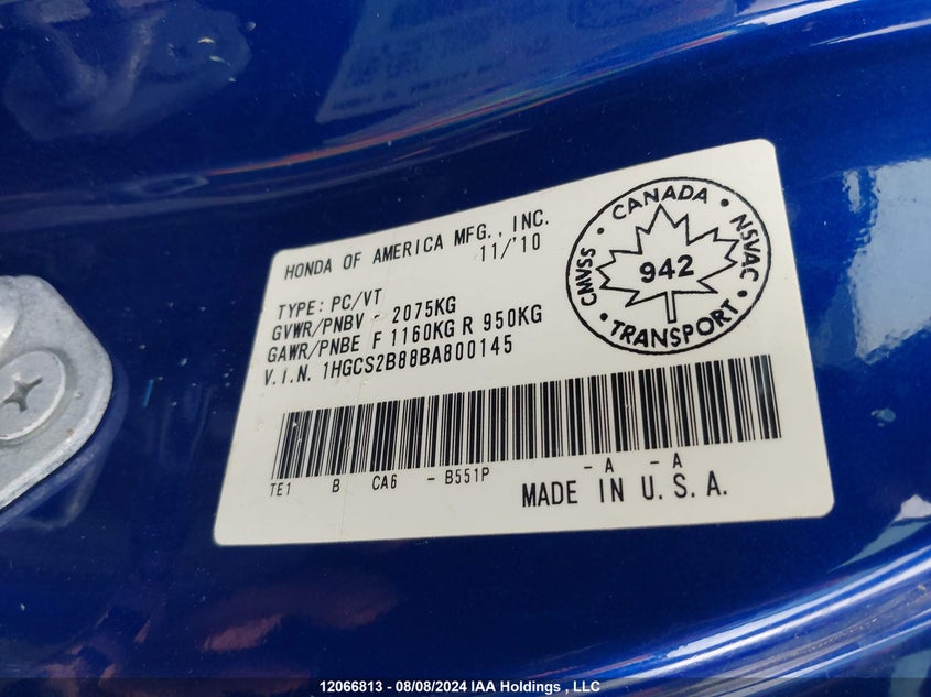 2011 Honda Accord Exl VIN: 1HGCS2B88BA800145 Lot: 12066813