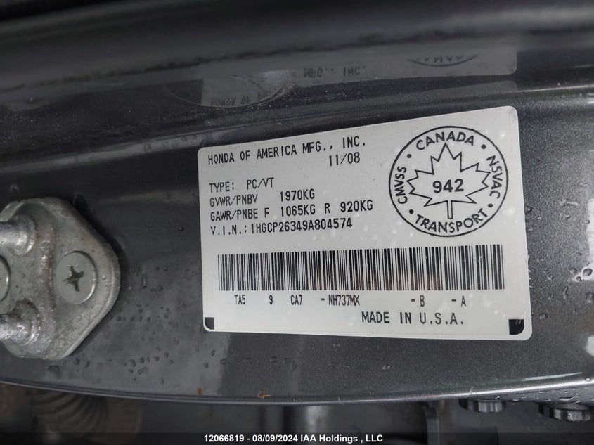 2009 Honda Accord Lx VIN: 1HGCP26349A804574 Lot: 12066819