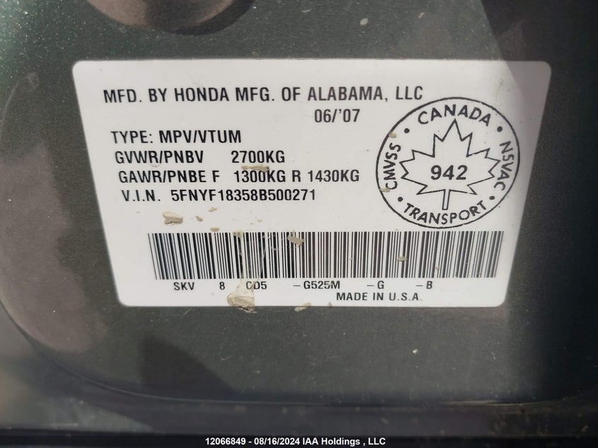 2008 Honda Pilot Se VIN: 5FNYF18358B500271 Lot: 12066849