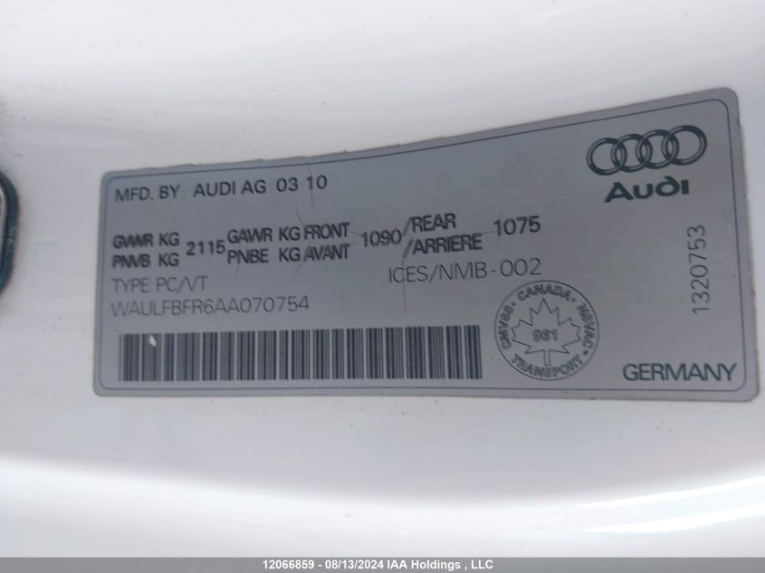 2010 Audi A5 Premium Plus VIN: WAULFBFR6AA070754 Lot: 12066859