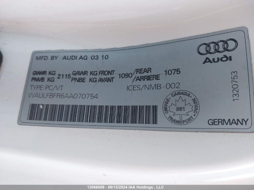 2010 Audi A5 Premium Plus VIN: WAULFBFR6AA070754 Lot: 12066859