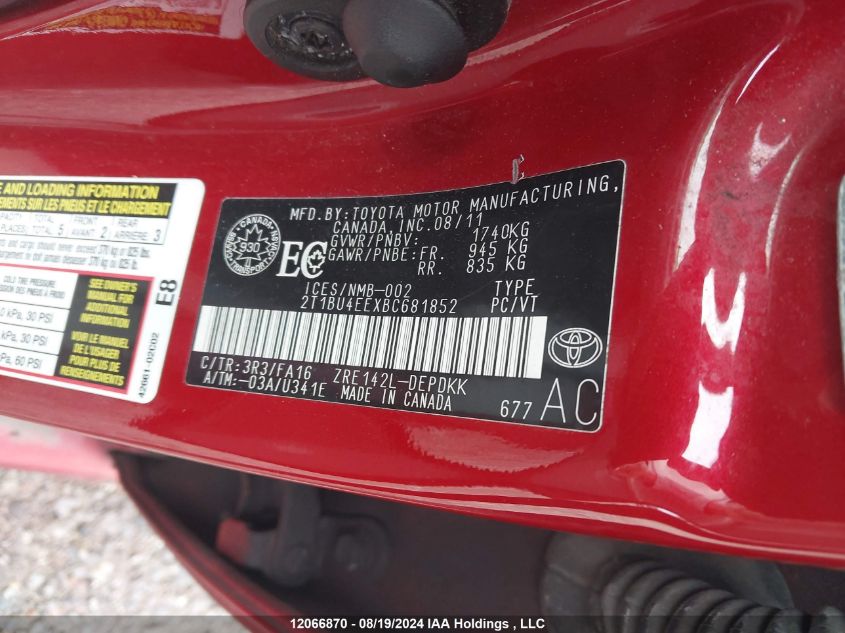 2011 Toyota Corolla VIN: 2T1BU4EEXBC681852 Lot: 12066870