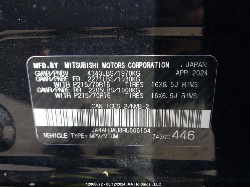 2024 Mitsubishi Rvr Es VIN: JA4AHUAU8RU606104 Lot: 12066872