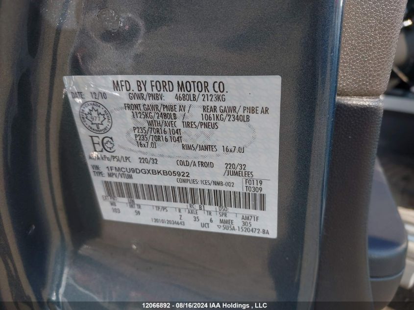 2011 Ford Escape VIN: 1FMCU9DGXBKB05922 Lot: 12066892