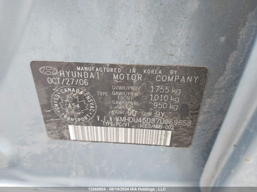 2007 Hyundai Elantra Gl/Gls VIN: KMHDU45D37U069658 Lot: 12066904