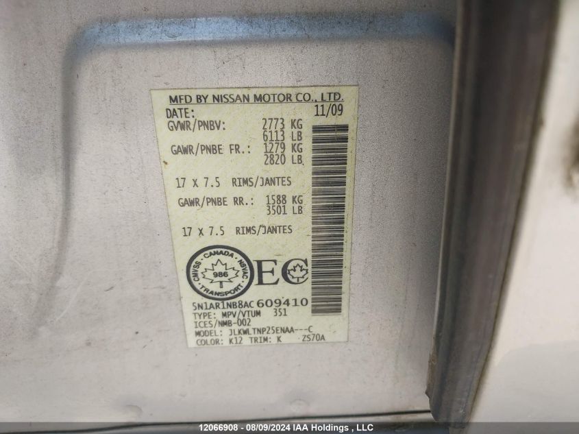 2010 Nissan Pathfinder S/Le/Se VIN: 5N1AR1NB8AC609410 Lot: 12066908