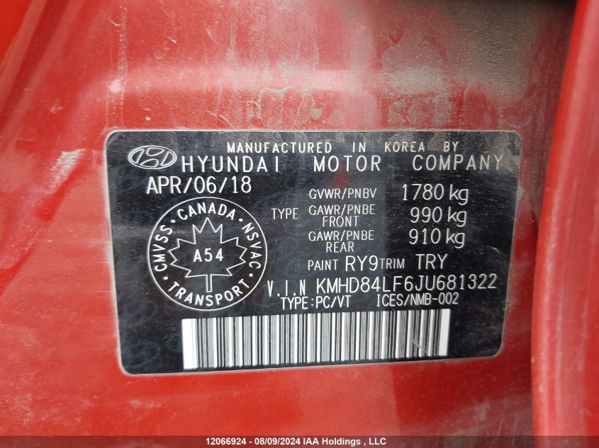 2018 Hyundai Elantra Gl VIN: KMHD84LF6JU681322 Lot: 12066924