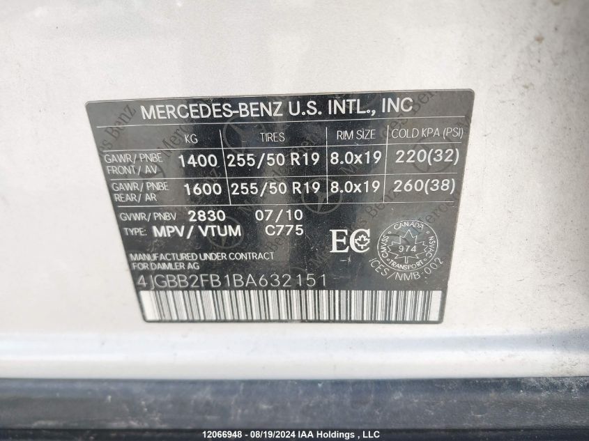 2011 Mercedes-Benz Ml-Class VIN: 4JGBB2FB1BA632151 Lot: 12066948