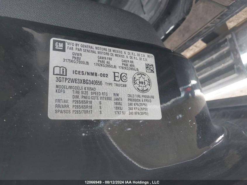 2011 GMC Sierra 1500 VIN: 3GTP2WE3XBG340656 Lot: 12066949