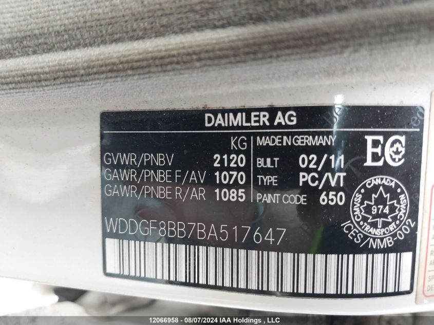 2011 Mercedes-Benz C 300 4Matic VIN: WDDGF8BB7BA517647 Lot: 12066958