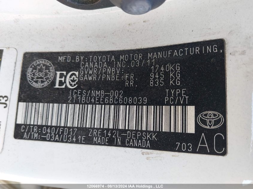 2011 Toyota Corolla S VIN: 2T1BU4EE6BC608039 Lot: 12066974