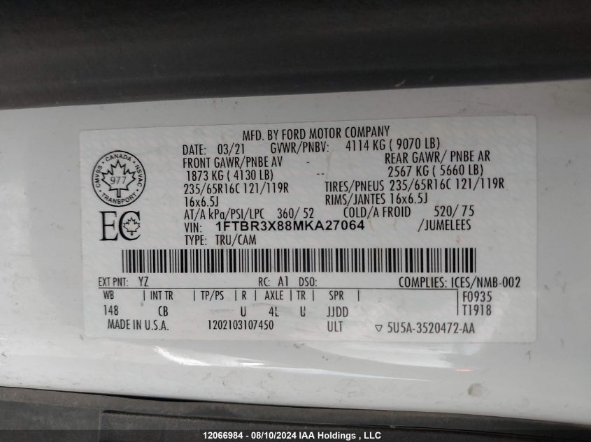 2021 Ford Transit T-250 VIN: 1FTBR3X88MKA27064 Lot: 12066984