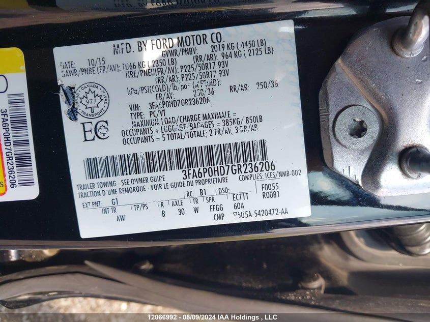 2016 Ford Fusion Se VIN: 3FA6P0HD7GR236206 Lot: 12066992