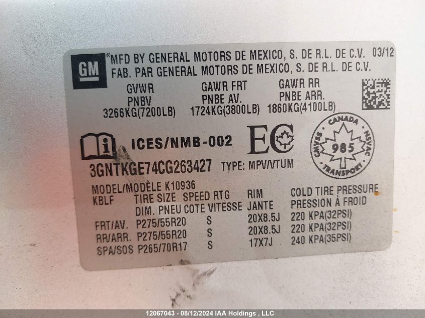 2012 Chevrolet Avalanche VIN: 3GNTKGE74CG263427 Lot: 12067043