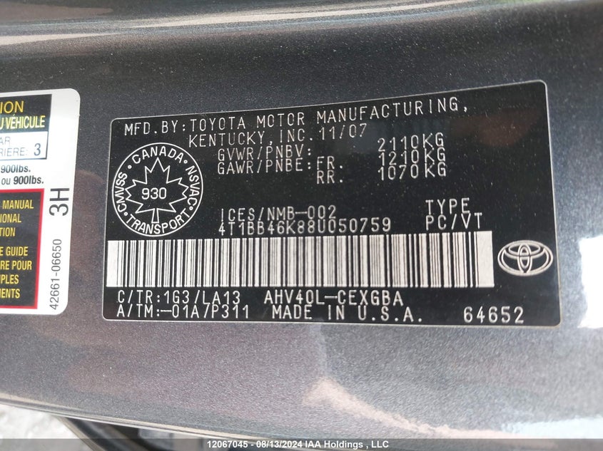 2008 Toyota Camry Hybrid VIN: 4T1BB46K88U050759 Lot: 12067045